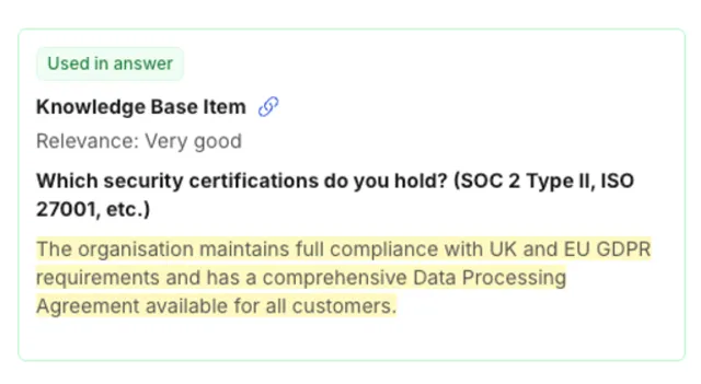 A cited answer in ResponseHub showing the source policy, page and sentence