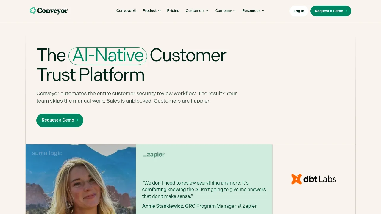 Conveyor homepage, captured August 2026