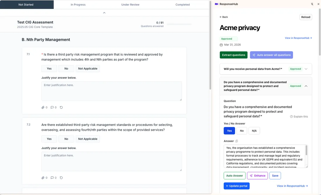 The ResponseHub Chrome Extension answering a portal questionnaire