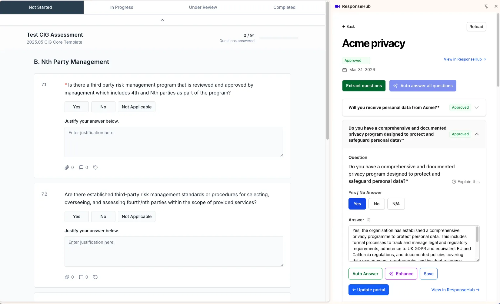 The ResponseHub Chrome Extension answering a portal questionnaire