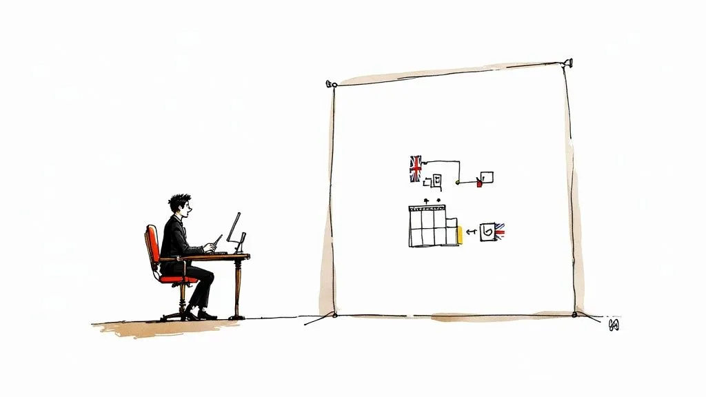A man at a desk with a computer faces a whiteboard displaying a business diagram with flags.