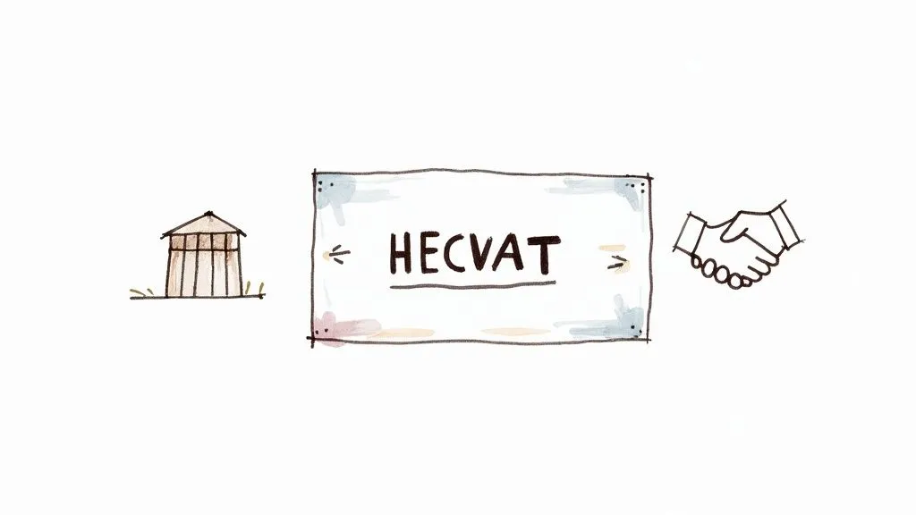 Hand-drawn illustration showing a building, a 'HECVAT' sign, and a handshake, symbolizing a partnership.