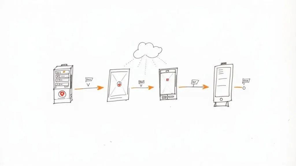 Hand-drawn diagram of a data flow from a server, through cloud and mobile apps, to a digital display.