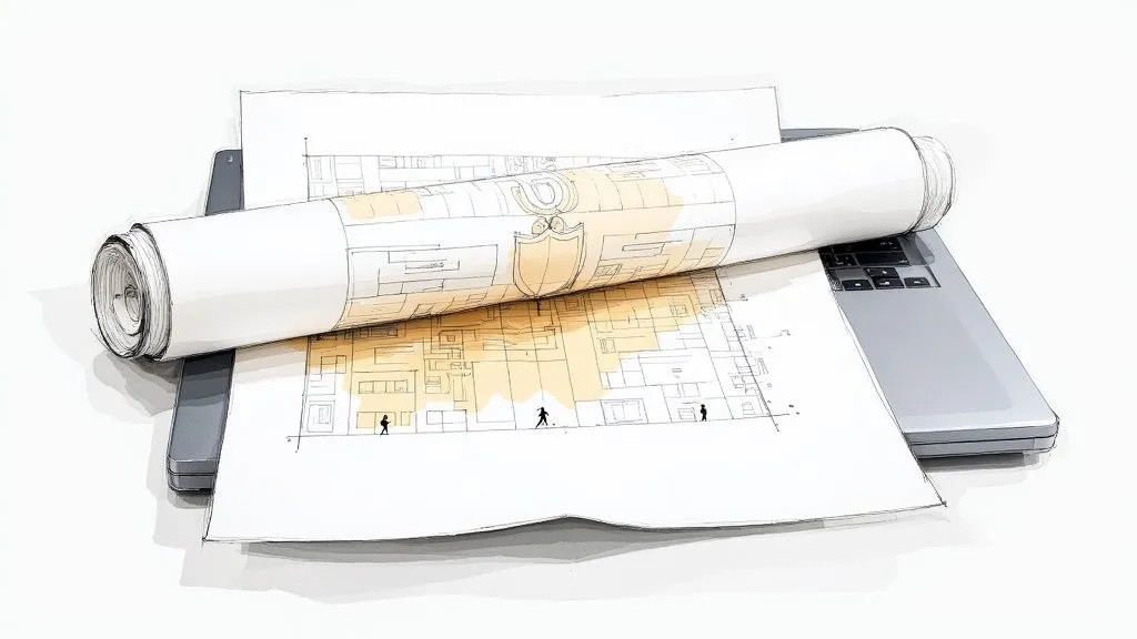 A professional reviewing a security policy document on a tablet.