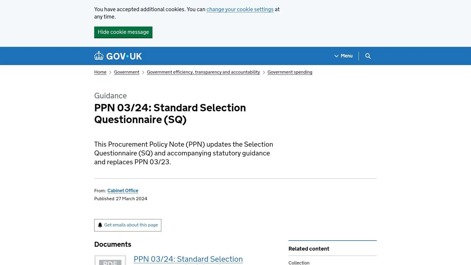 GOV.UK — PPN 03/24 Standard Selection Questionnaire (SQ) templates