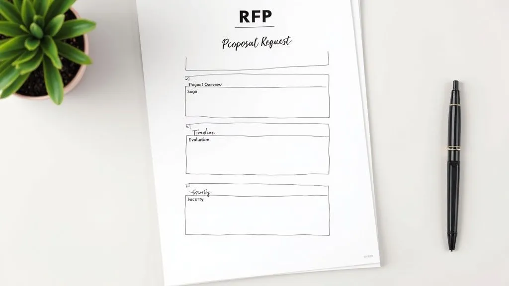 A hand-drawn RFP (Request for Proposal) template outlining project overview, timeline, and security on a white desk.