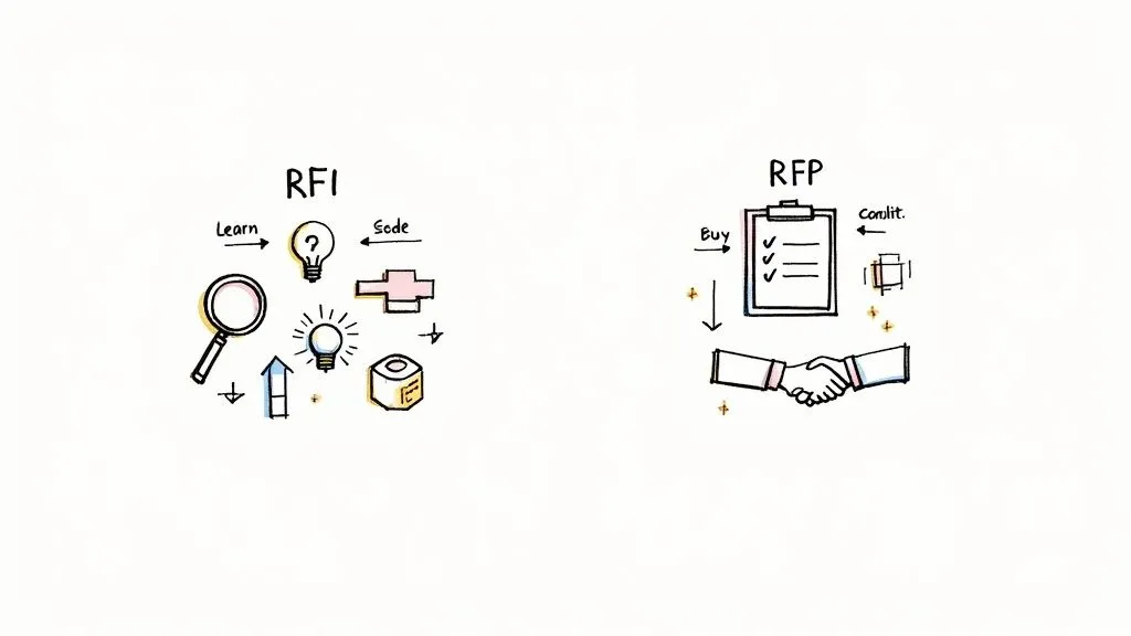 Illustrative diagram comparing RFI and RFP business processes, showing concepts like learning, buying, and contracts.