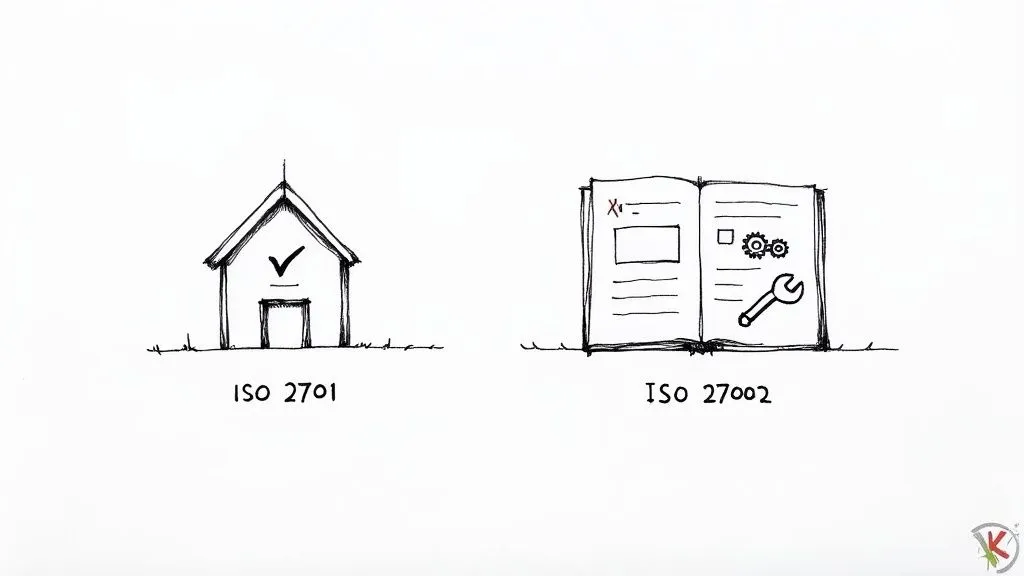 Illustrations showing a house with a checkmark for ISO 27001 and an open book with tools for ISO 27002.