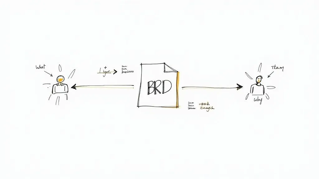 Business requirements document workflow diagram showing stakeholder input flowing to team through BRD process