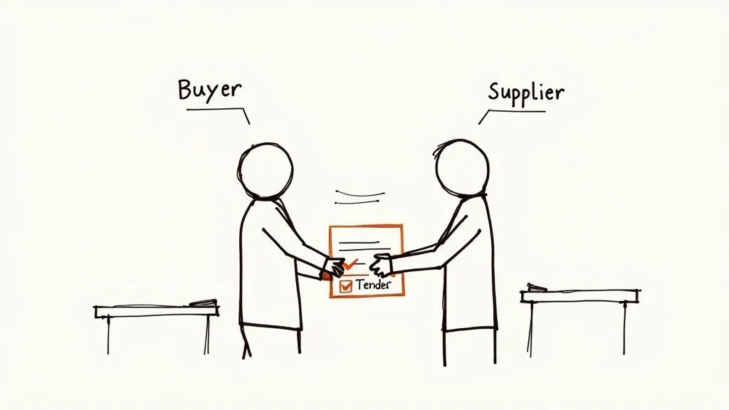 A group of professionals collaborating on a tender document at a large table.