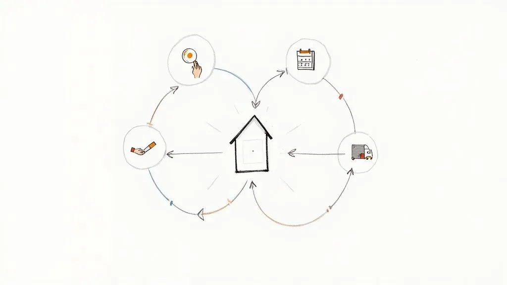 A diagram illustrating the home procurement cycle: search, scheduling, delivery, and payment, all centered around a house.
