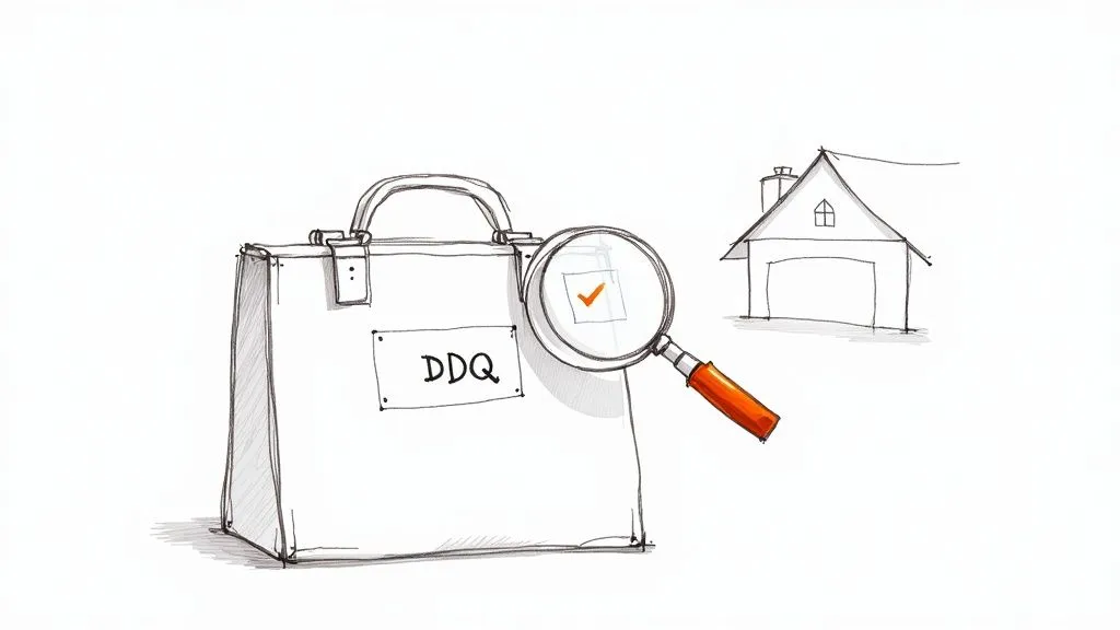 Sketch of a briefcase marked 'DDQ' with a magnifying glass examining a checklist, alongside a house.