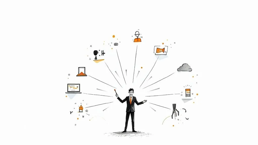 Business professional juggling multiple procurement responsibilities and tasks with connected icons radiating outward