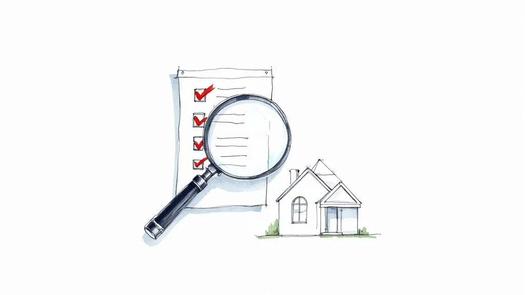 An illustration of a checklist with a magnifying glass and a house, symbolizing property inspection.