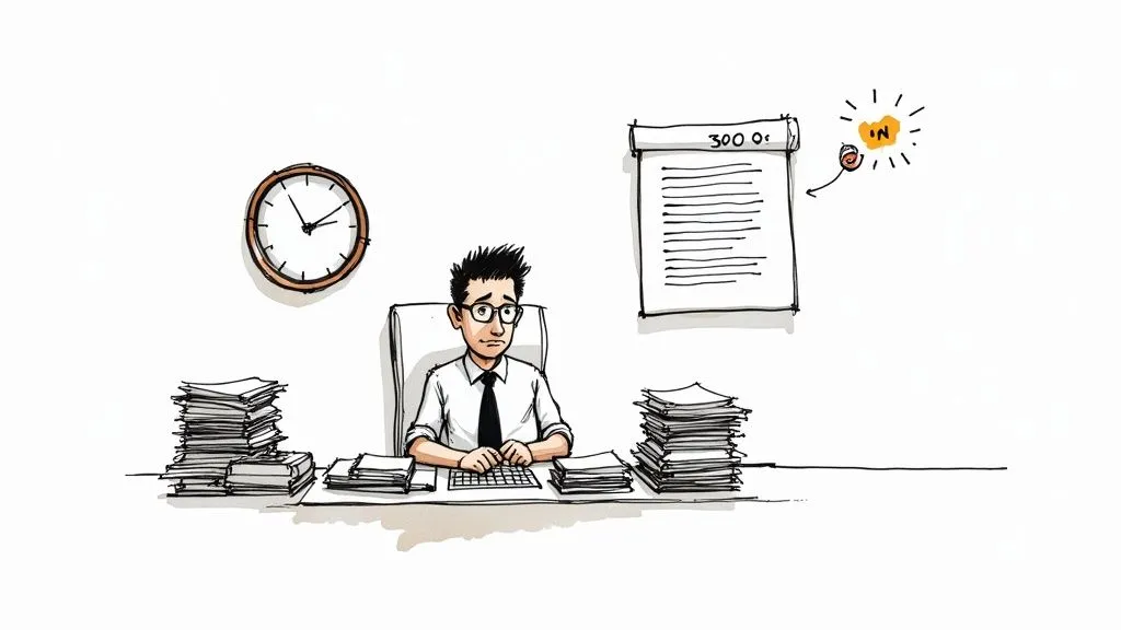 An anxious office employee struggles with massive paperwork, a tight deadline, and an incoming notification.