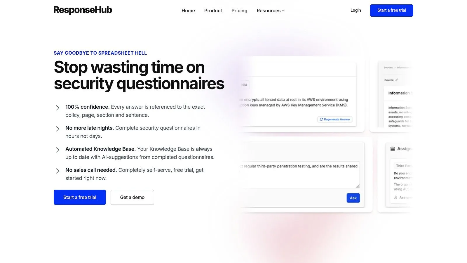 ResponseHub AI platform answering security questions using a data protection policy.
