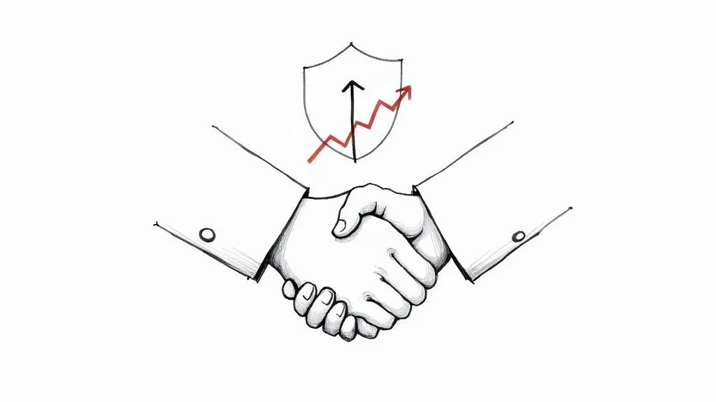 A handshake above which a shield with an upward arrow and rising chart symbolizes secure growth.