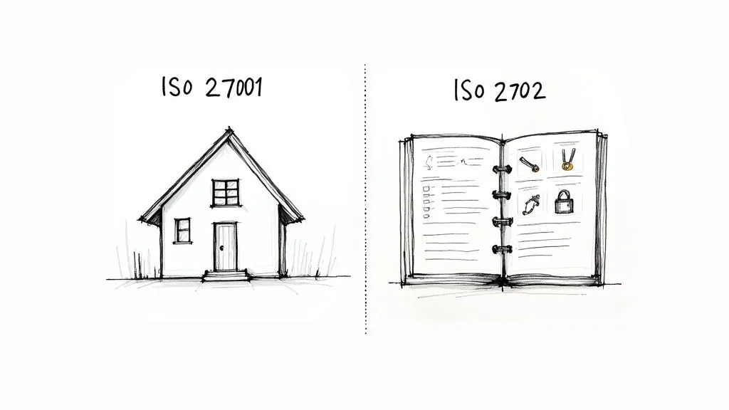 A hand-drawn comparison showing ISO 27001 as a house and ISO 2702 as a detailed handbook with security controls.