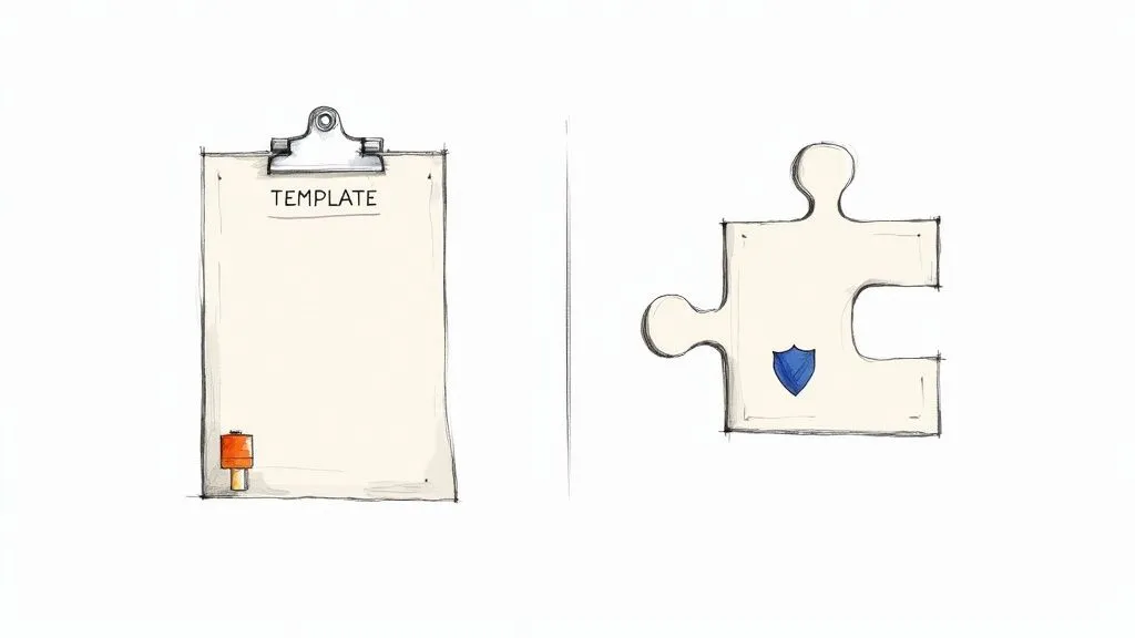A person at a desk carefully reviewing and customising a document, symbolising the process of adapting a template policy.
