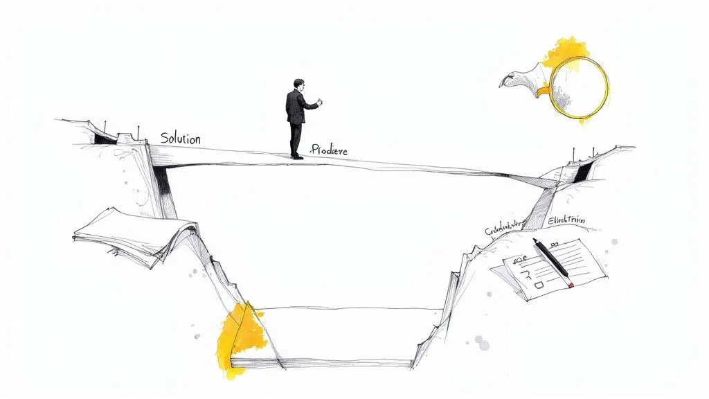 Illustration of a man on a bridge connecting two cliffs, labeled 'Solution' and 'Prodiere', symbolizing problem-solving.