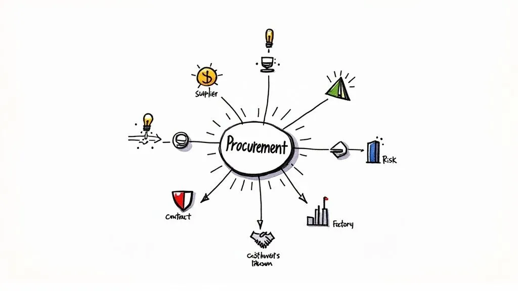 Procurement mind map showing connections to supplier, contract, risk, factory, and cost analysis