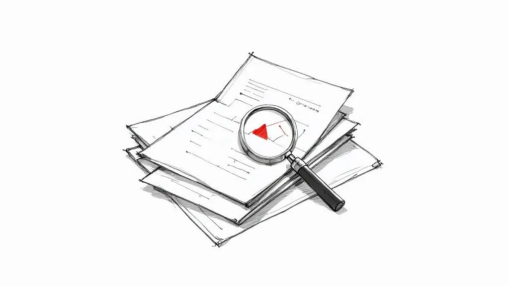 An illustration of a pile of white papers with a magnifying glass revealing a red play button icon.