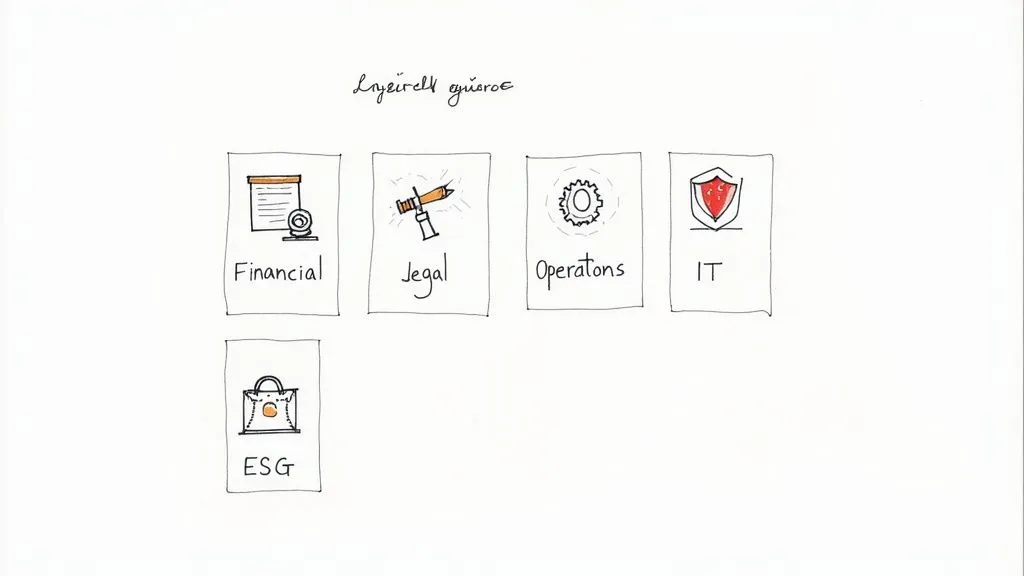 A hand-drawn diagram showing five key business categories: Financial, Legal, Operations, IT, and ESG.