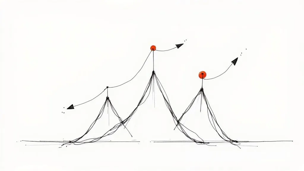 Sketch illustrating business progress with peaks, targets, and future growth trajectories.