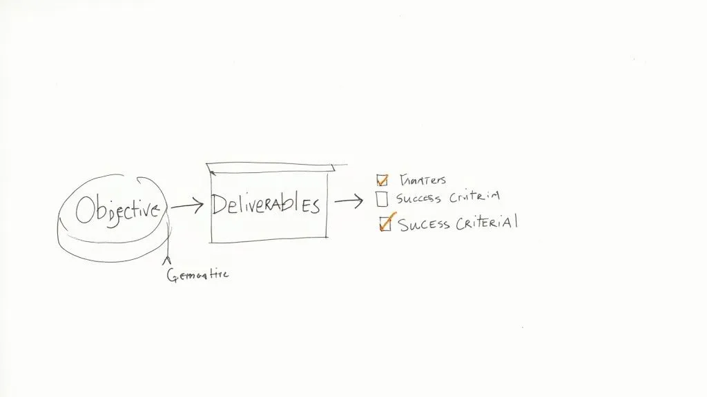 A handwritten diagram illustrating the flow from objectives to deliverables and success criteria, with generative aspects.