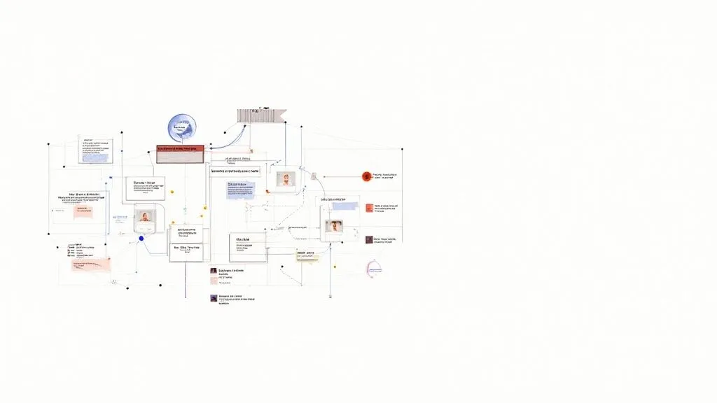 Mind map diagram showing interconnected knowledge management concepts, tools, and best practices on white background