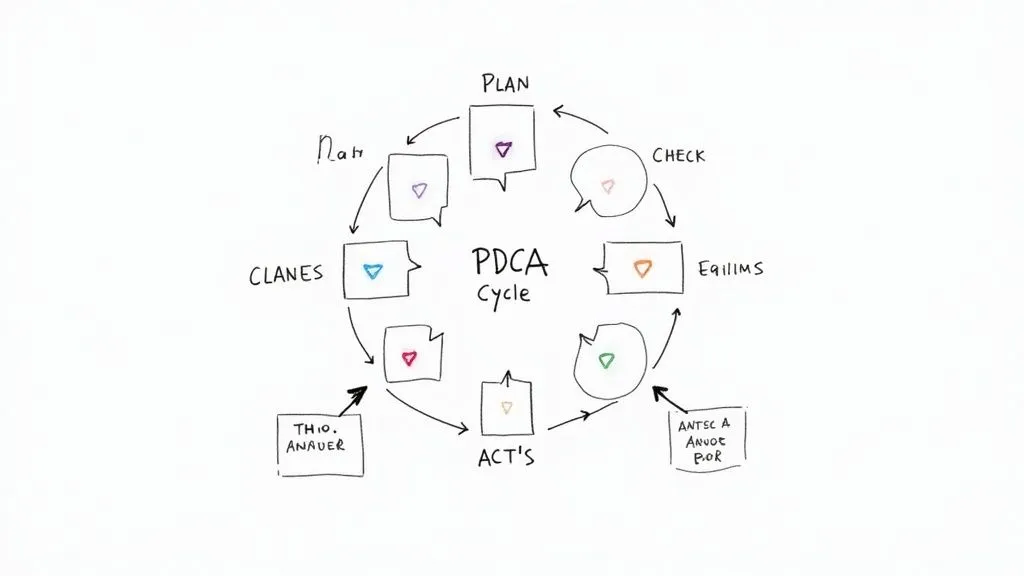 A handwritten diagram illustrating the PDCA (Plan-Do-Check-Act) cycle with steps and arrows.