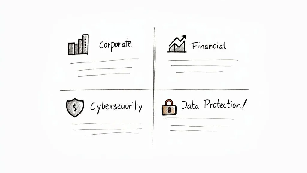 A whiteboard drawing illustrating four key business categories: Corporate, Financial, Cybersecurity, and Data Protection, each with an icon.