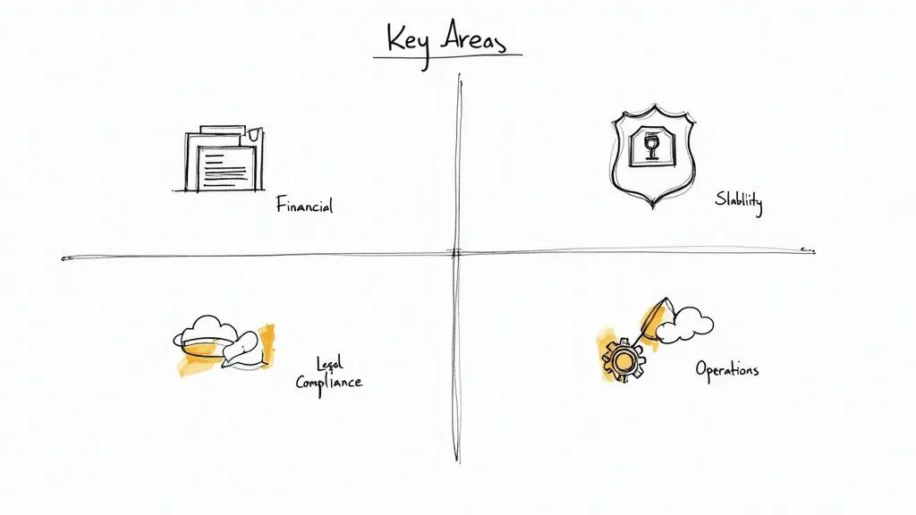 A magnifying glass hovering over various icons representing security, finance, legal, and operational aspects of a business.