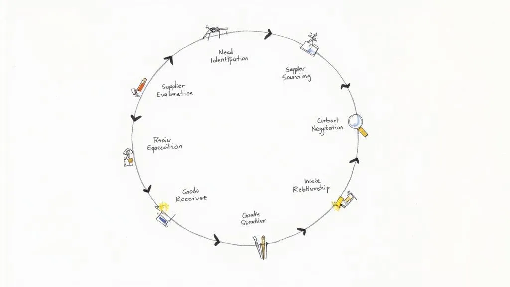 A comprehensive hand-drawn diagram illustrating the procurement cycle with eight distinct steps.