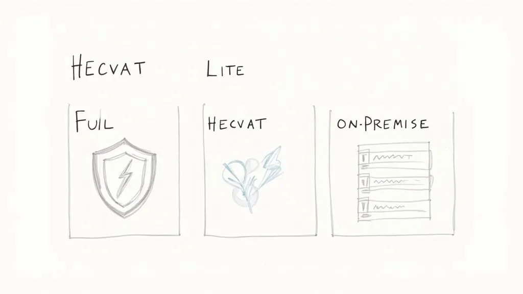 A hand-drawn diagram comparing HECVAT Full, HECVAT Lite, and On-Premise options with corresponding icons.