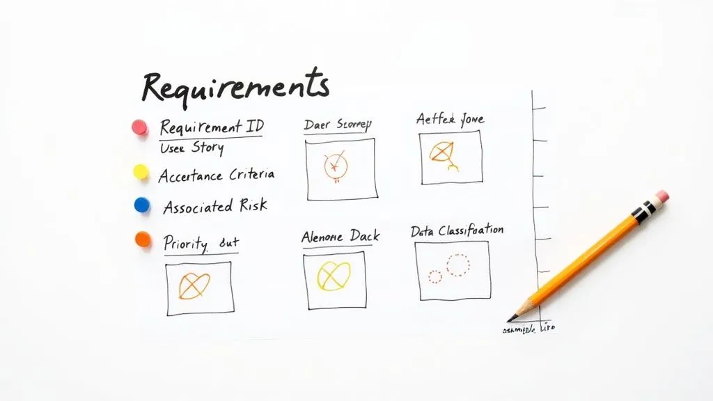 Hand-drawn requirements management diagram showing requirement ID, acceptance criteria, associated risk, and priority components