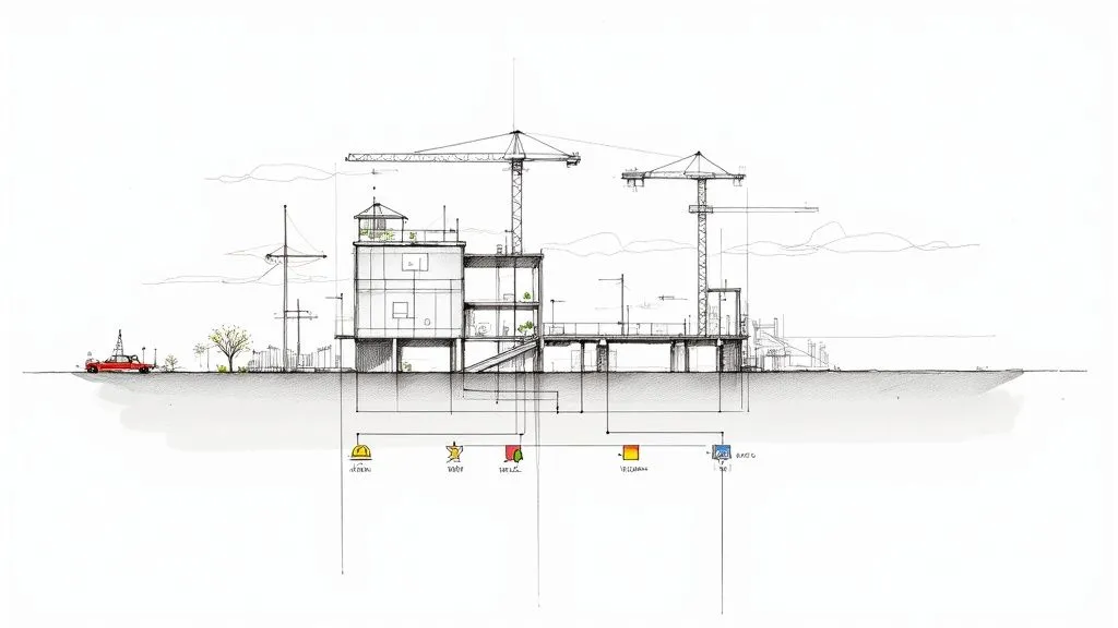 A detailed architectural cross-section sketch of a building under construction with cranes, a car, and an underground system diagram.