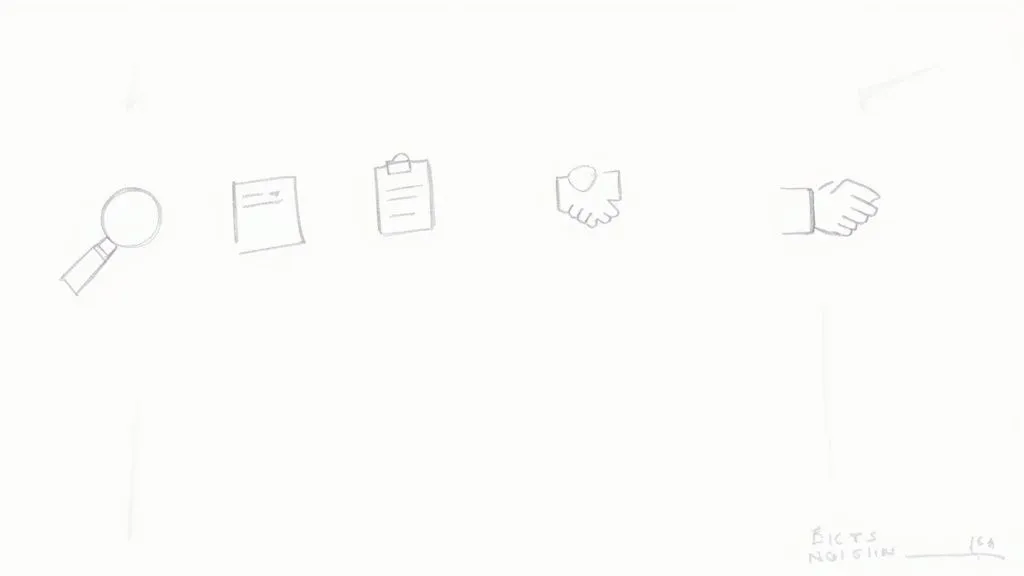 Five simple line icons showing procurement process steps including search, documents, clipboard, handshake, and hand gesture
