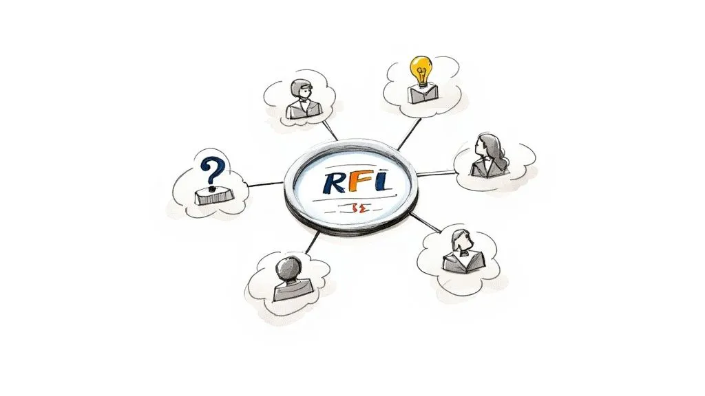A hand-drawn mind map illustrating RFI (Request for Information) connected to questions, ideas, and diverse stakeholders.