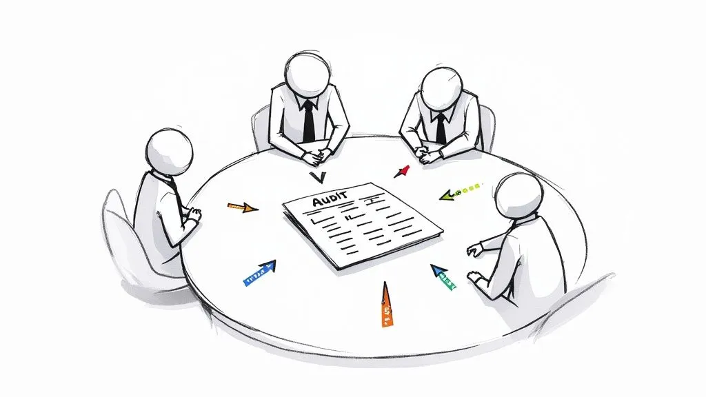 Four stick figures in a meeting around a table discussing an audit document with arrows.