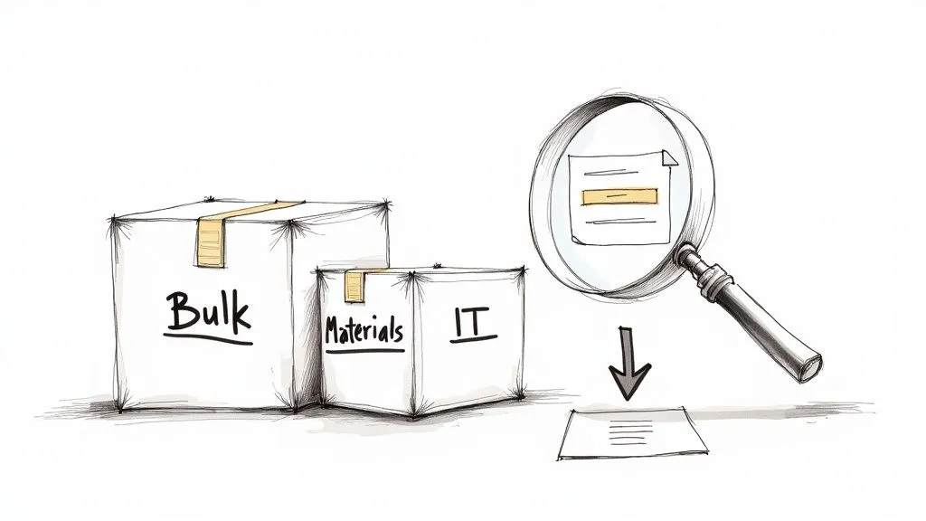 Boxes labeled 'Bulk', 'Materials', 'IT' alongside a magnifying glass extracting key information from a document.