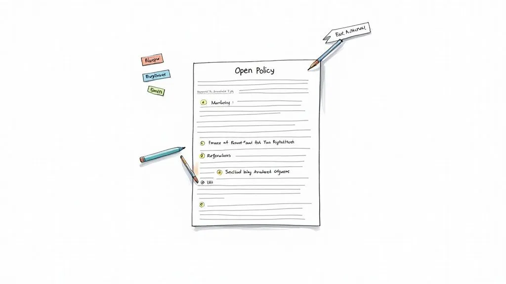 A close-up of hands typing on a laptop, customizing a document template on the screen, showing the practical step-by-step nature of policy creation.