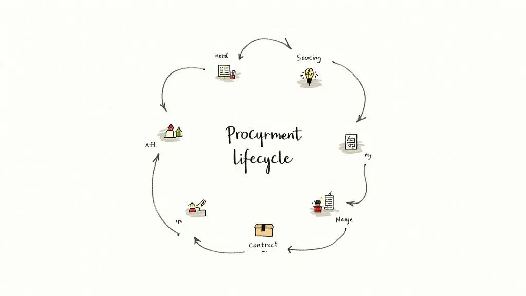 Circular diagram illustrating procurement lifecycle stages from sourcing through contract management and fulfillment
