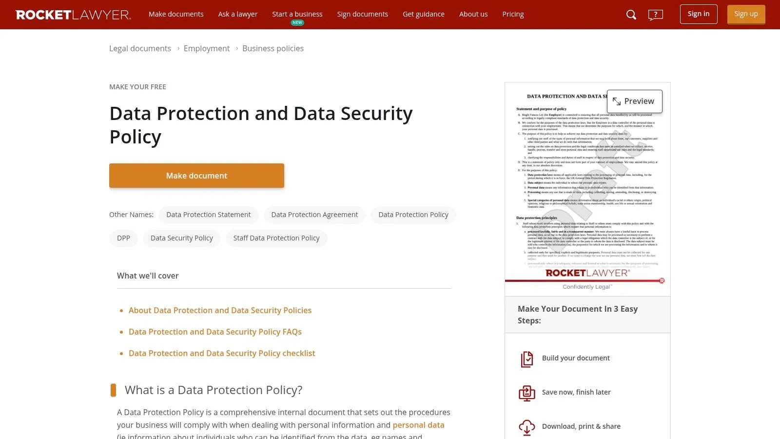 Rocket Lawyer UK's data protection policy template builder interface.