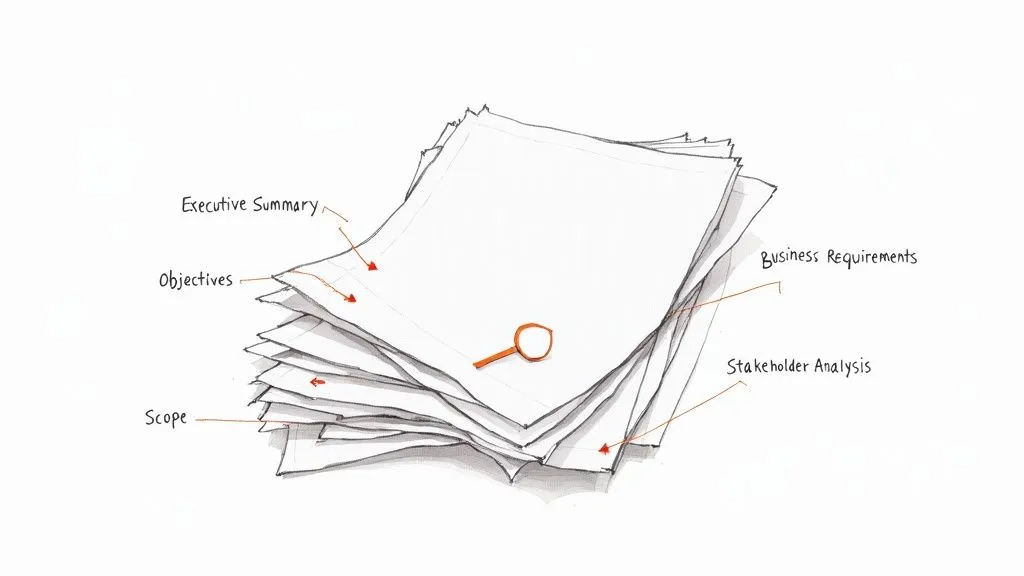 Stack of business requirement documents with magnifying glass showing executive summary and objectives sections