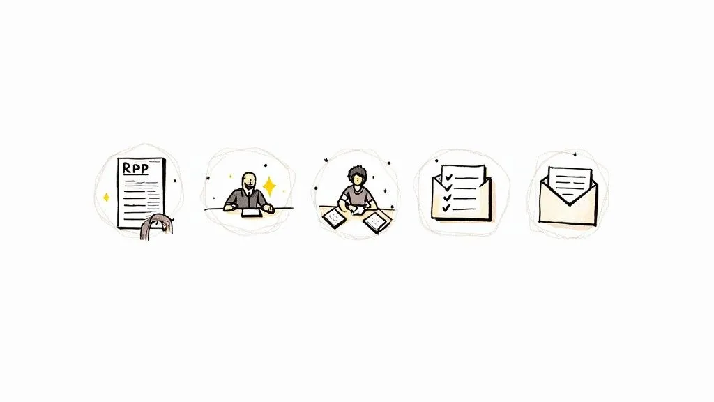 Five hand-drawn icons illustrating the proposal writing and approval process, including documents, workers, and a checklist.