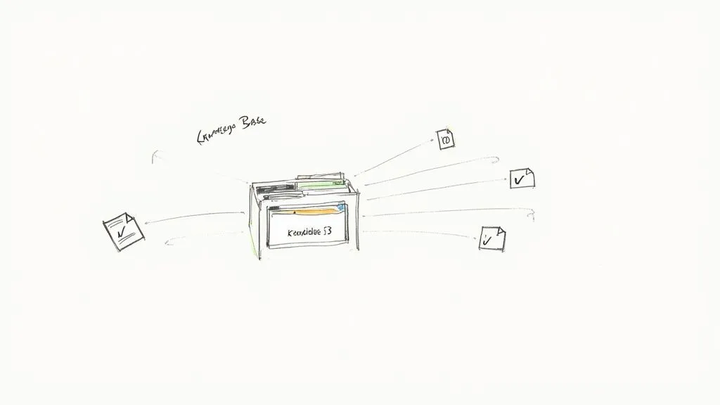 Hand-drawn diagram illustrating a knowledge base, a central file system, and connected documents with checks.