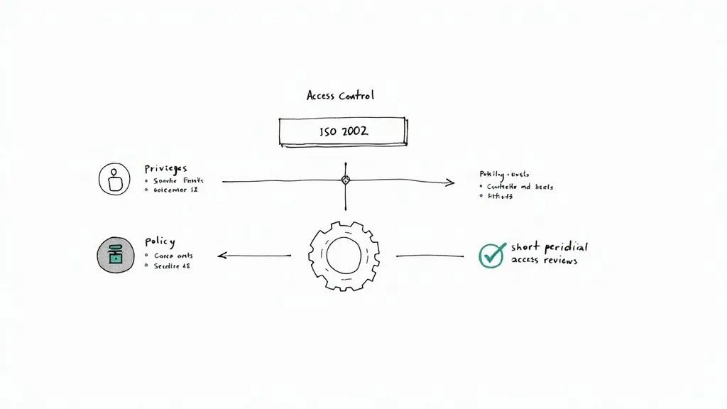 A diagram illustrates access control, ISO 27002, privileges, policy, and security review processes.