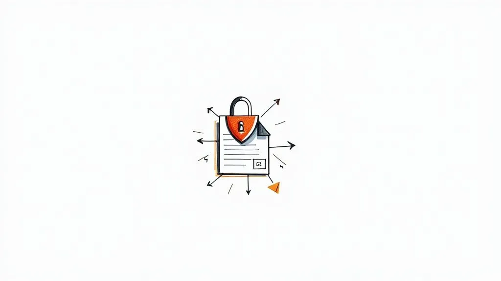 An illustration of a document protected by a padlock with arrows radiating outwards, symbolizing secure information sharing.