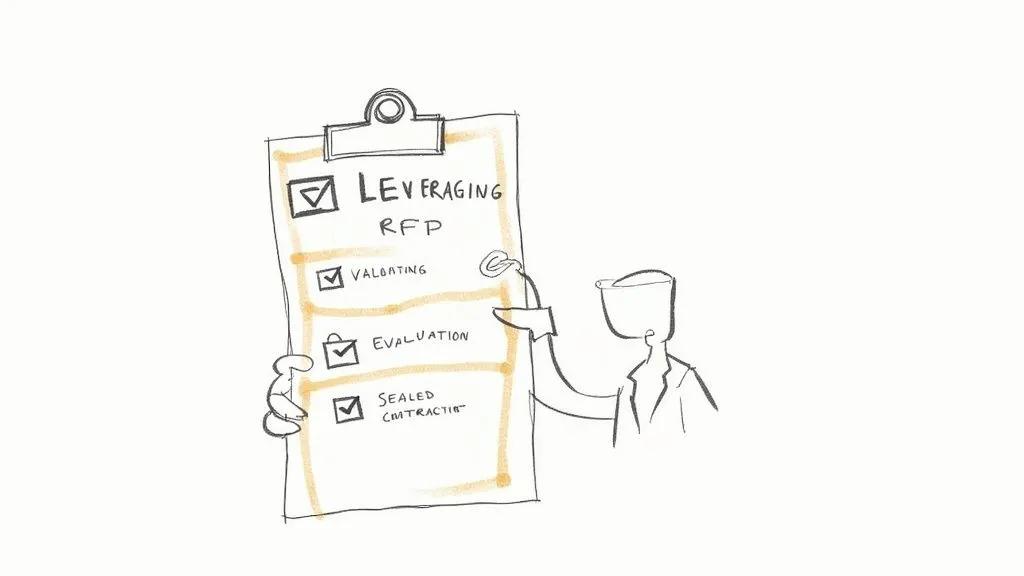A stick-figure person holds a clipboard with a checklist for leveraging RFP processes and steps.